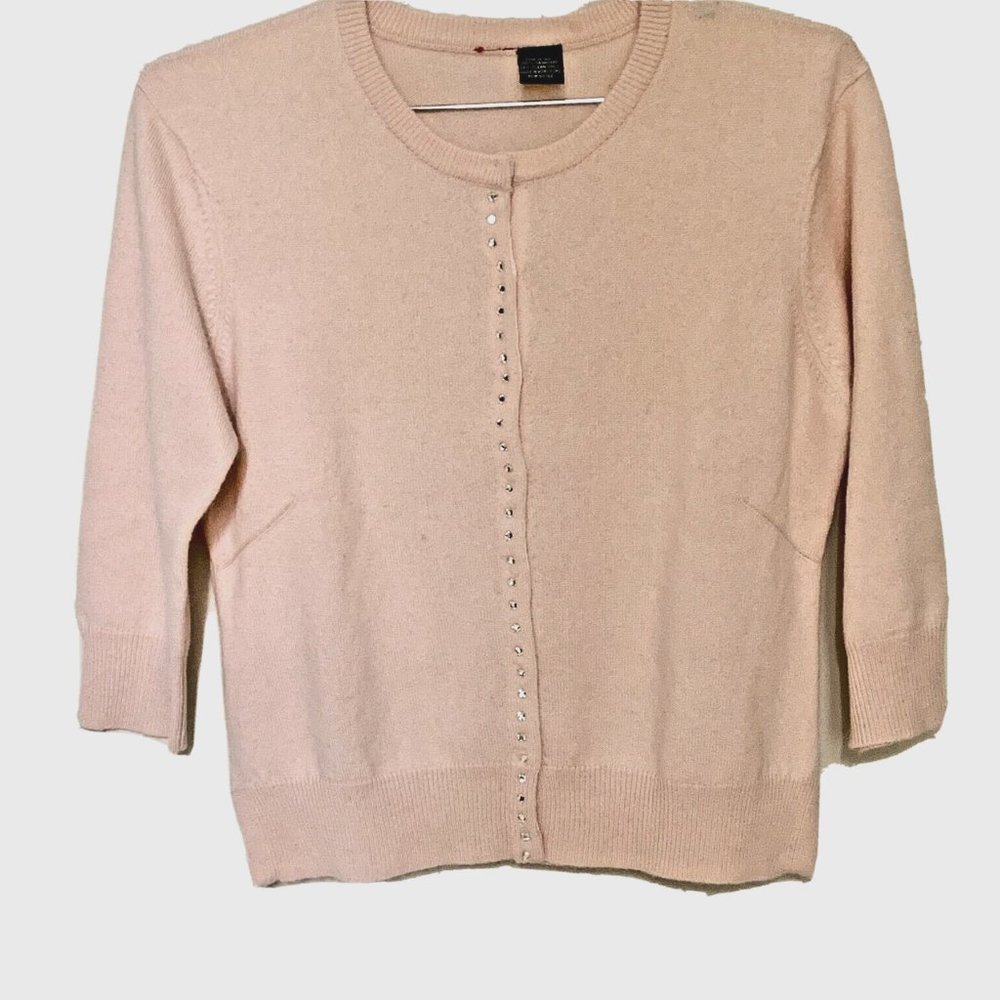 TIME IS INC Pretty in Pink Vintage Crew Neck CASHMERE Cardigan 3/4 sleeve Small